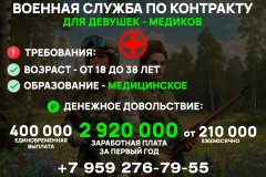 ПРОИЗВОДИТСЯ НАБОР НА ВОЕННУЮ СЛУЖБУ ПО КОНТРАКТУ ОПЕРАТОРОВ БПЛА, РЭБ, А ТАК ЖЕ ВСЕ ВИДЫ ВОИНСКИХ СПЕЦИАЛЬНОСТЕЙ, В ТОМ ЧИСЛЕ ВОДИТЕЛИ КАТЕГОРИИ C, D